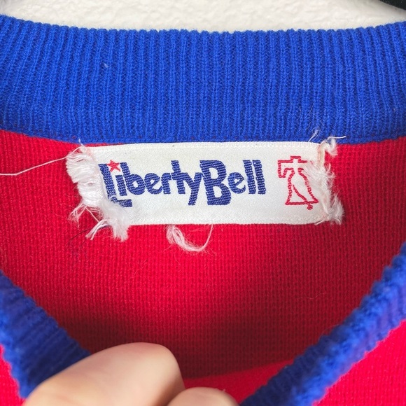 VTG 70s Liberty Bell Women's Medium Blue Red Striped Crewneck Apres Ski Sweater - Picture 4 of 11